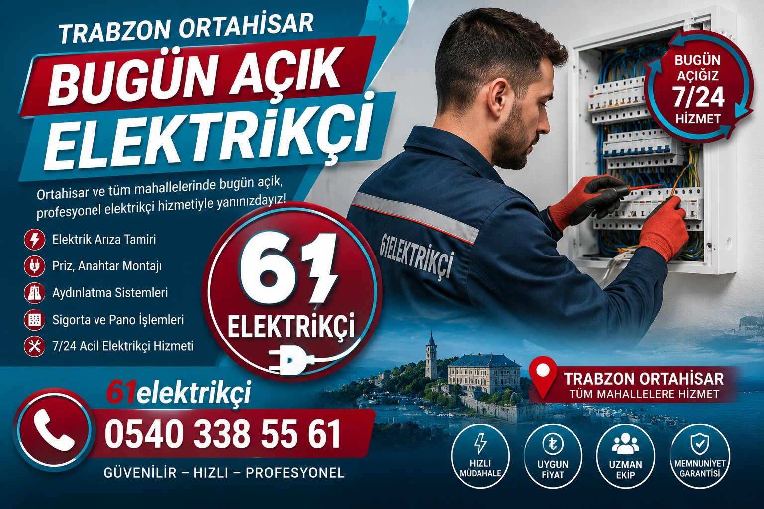 Trabzon Ortahisar Bugün Açık Elektrikçi | 7/24 Acil Elektrik Ustası | 61 Elektrikçi